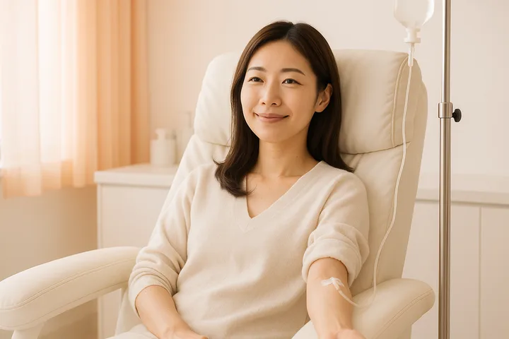 川田クリニックで美容点滴を受ける女性。明るい診察室のリクライニングチェアで点滴を受けながらくつろぐ様子