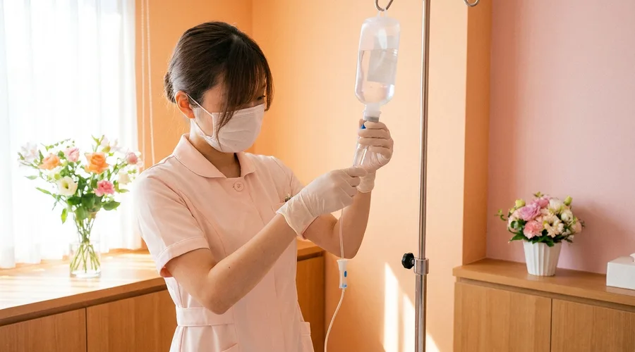 点滴パスの施術イメージ。清潔な医療空間で看護師が点滴の準備をする様子